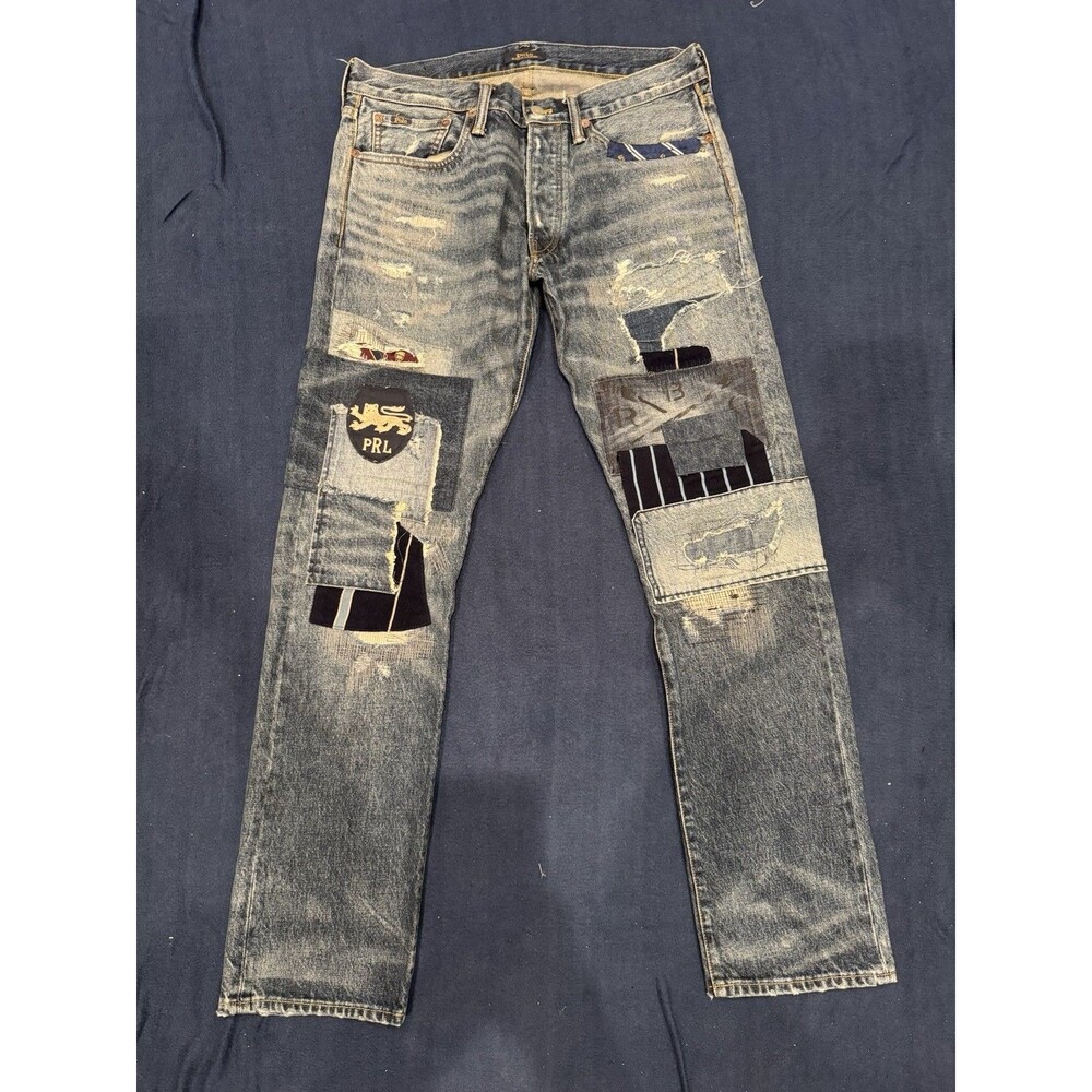 Polo Ralph Lauren Mens Varick Slim Straight Jeans Blue Rugby Patchwork Rare
